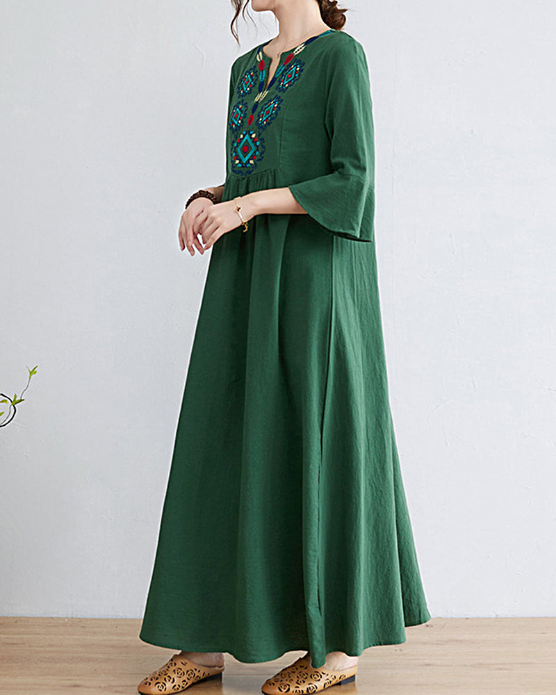 Loose Embroidered Floral Cotton Linen V-Neck 3/4 Sleeve Dress