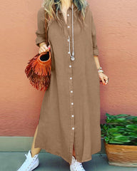 Long Sleeve V Neck Slim Fit Fashion Button Up Dress Sexy Linen Blend Long Dress Shirt Dress