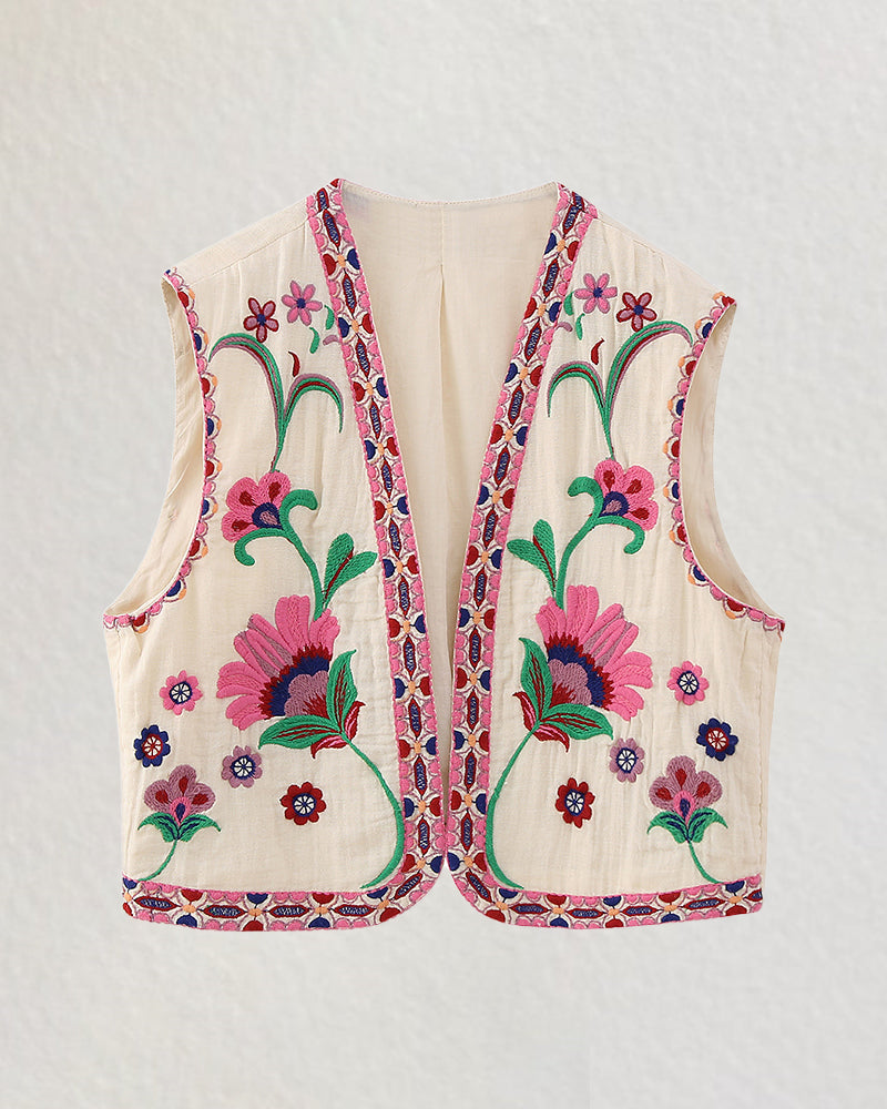 Retro Floral Embroidered Gillet Ethnic Weatern Vest Jacket Sleeveless Cardigan Crop Top