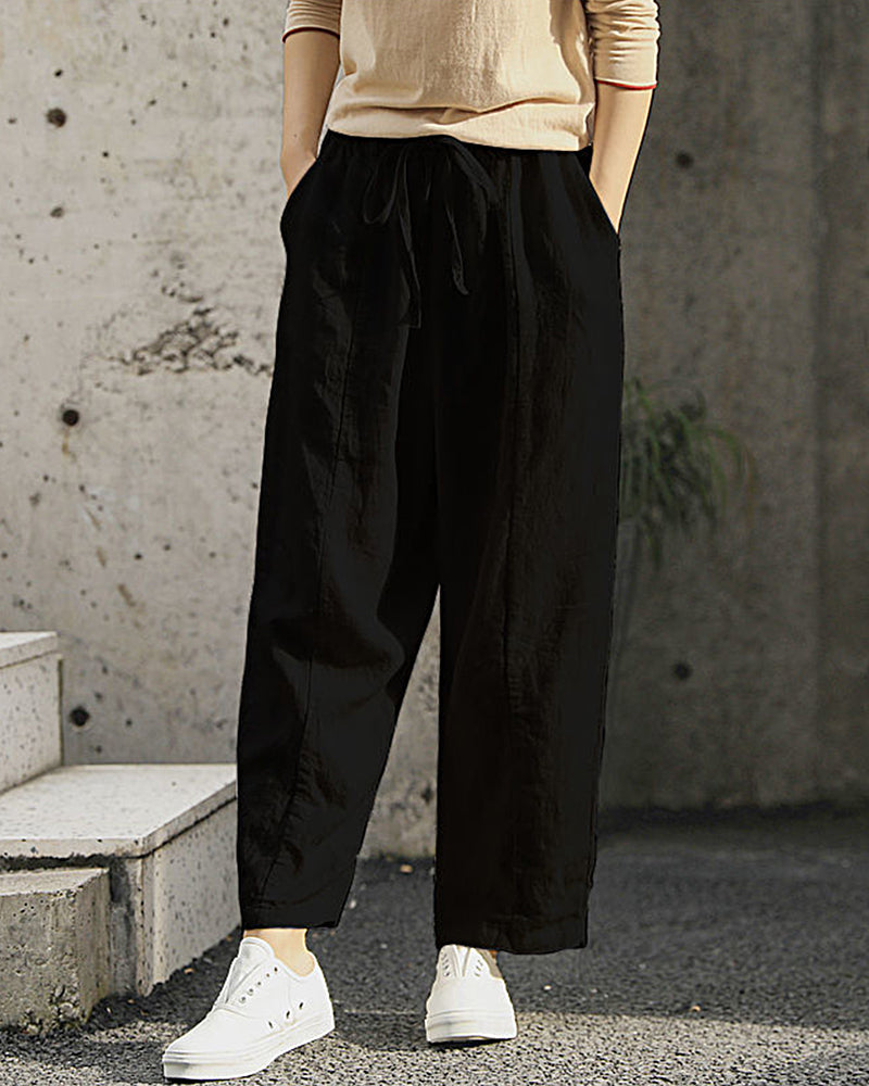 Loose Plain Drawstring High Waist Straight Wide Leg Pants with Pocket