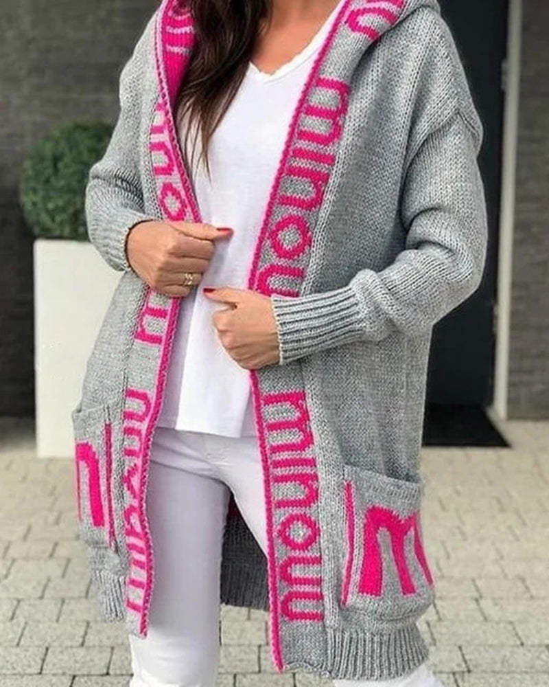 Long Elegant Stripe Cardigan Wool Long Sleeve Hooded Letter Knitted Coat