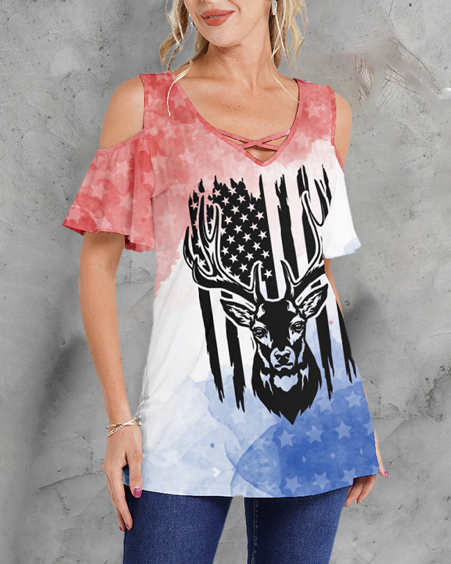 Independence Day Skull Graphic Cold Shoulder T-shirts Daily Loose Short Sleeve V Neck Tee Basic Tops