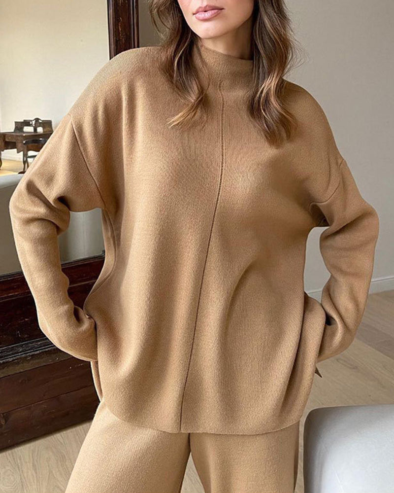 Solid Color Knitted Pullover Turtleneck Sweater Set Loose Top + Pants