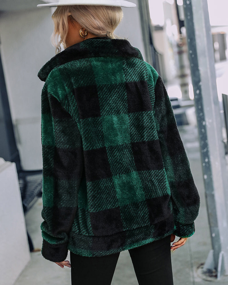 Plaid Zip Up Collared Plush Jacket