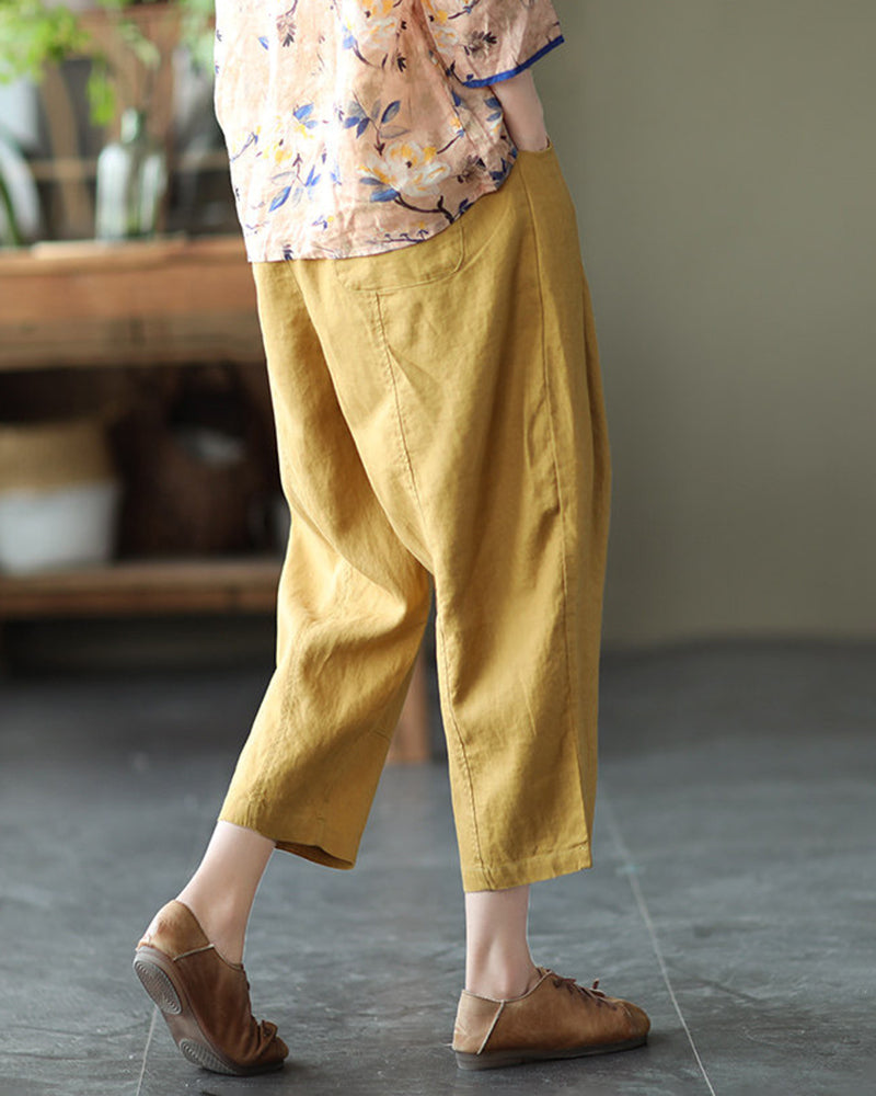 Loose Stitching Solid Color Elastic Waist Cropped Harem Pants