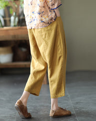 Loose Stitching Solid Color Elastic Waist Cropped Harem Pants