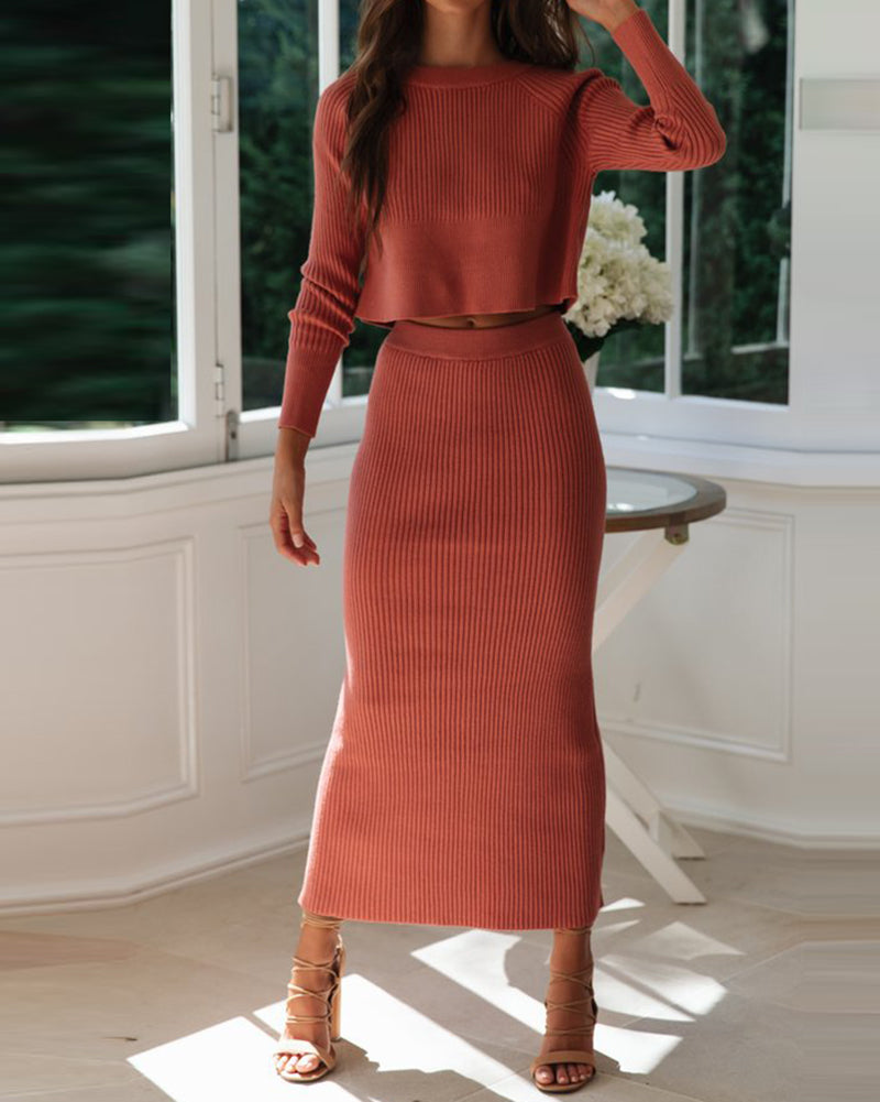 Solid Color Two Piece Set Women Sweater & Comfortable Slim Split Skirt