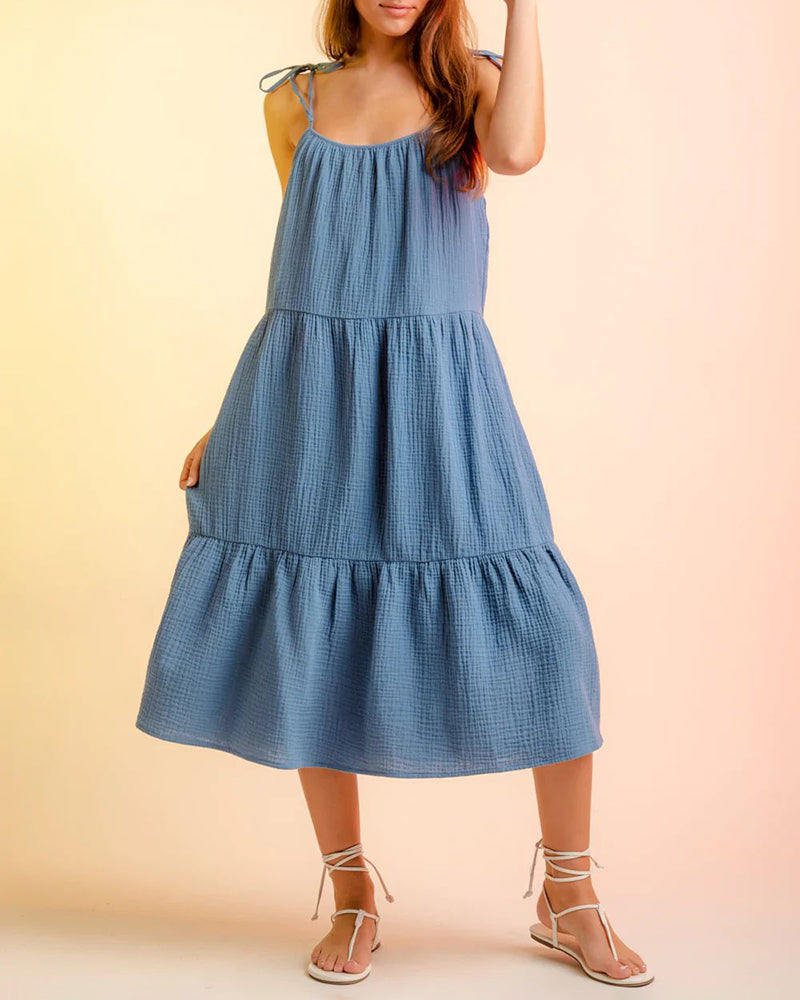 Lace-up Sling Dress Candy Color Stitching Solid Color Midi Dress