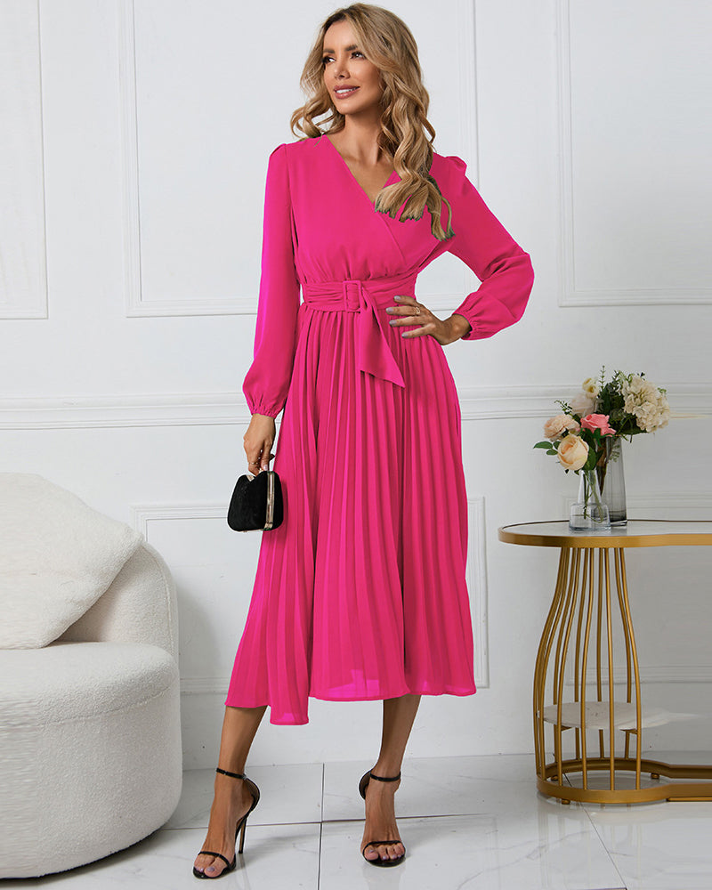 Elegant Wrap V Neck Lantern Sleeve Bulted Pleated Flowy Midi Dress