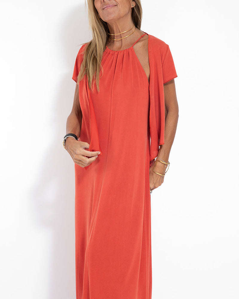 Two-piece Halterneck Tie Sleeveless Long Dress and Irregular Cardigan Set