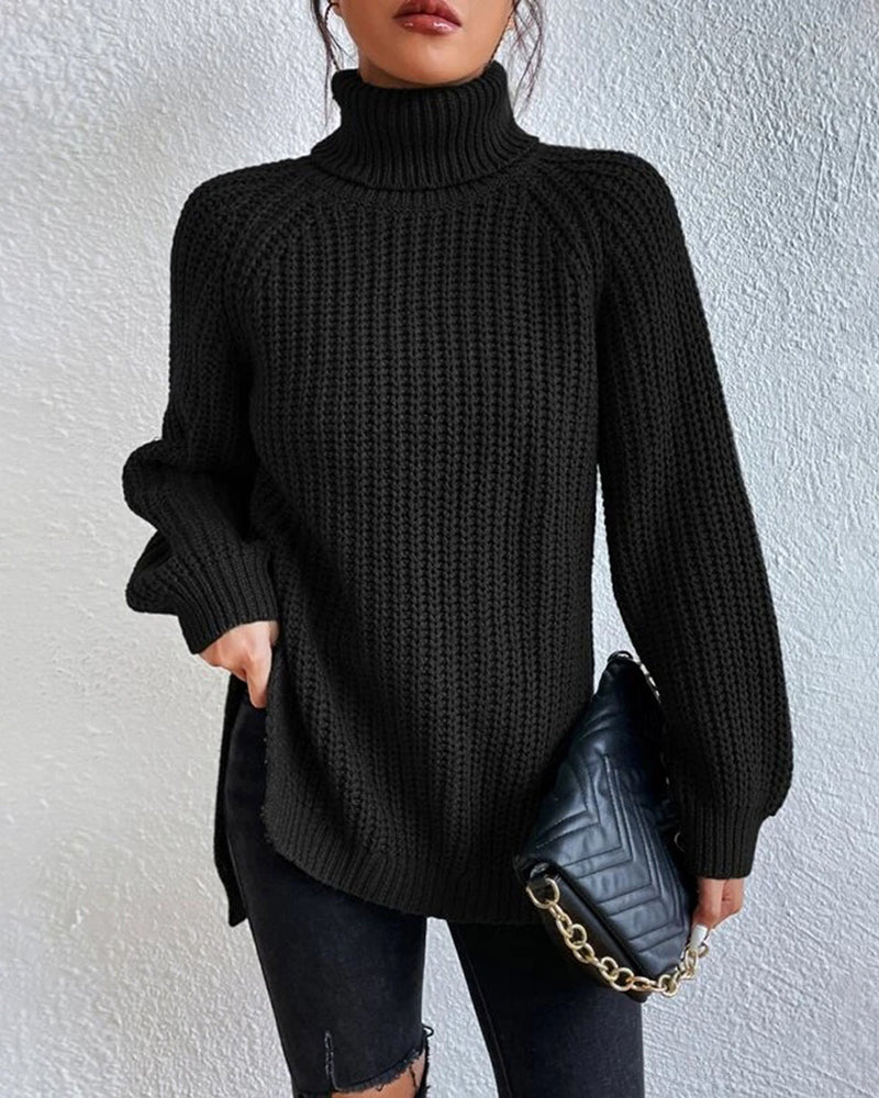 Mid-Length Raglan Sleeve Turtleneck Slit Sweater