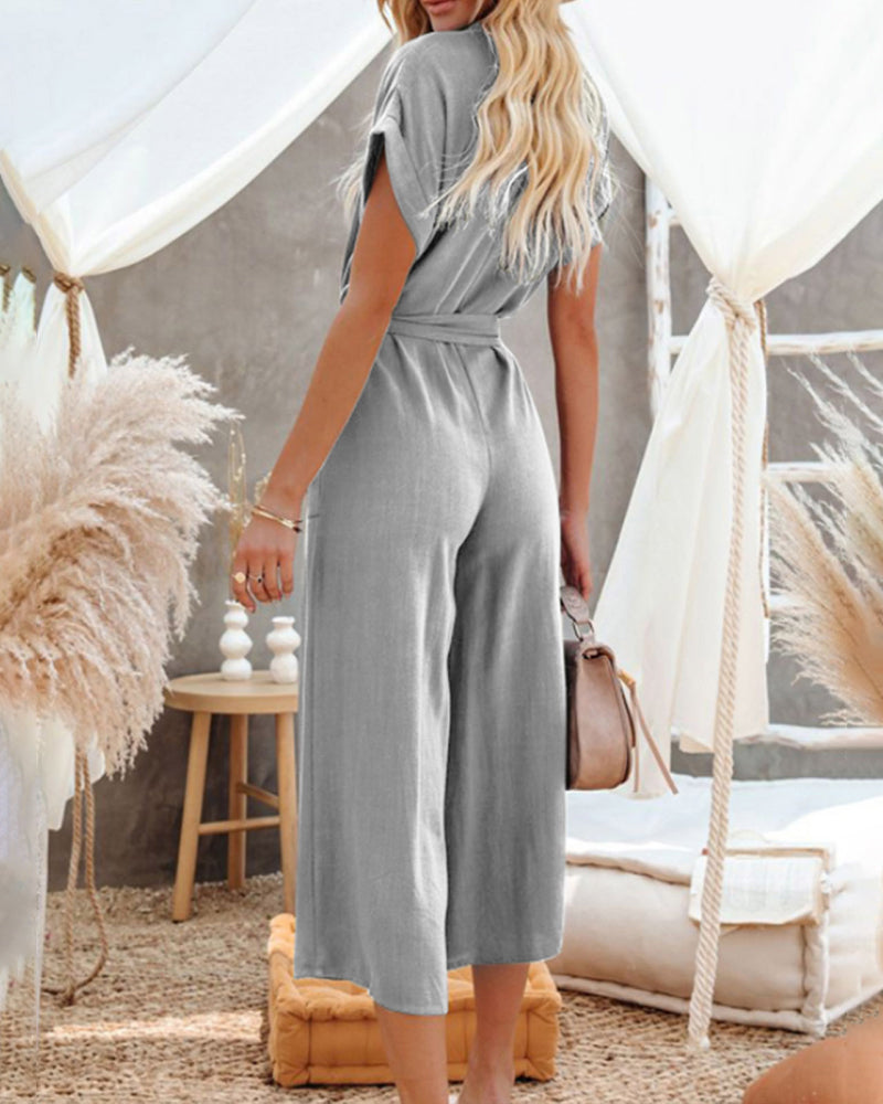 Casual Playsuits Wide Leg Short Sleeves V Neck Buttoned Baggy Belt Jumpsuits Elegant Long Romper with Pockets