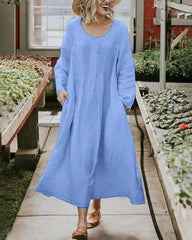 Round Neck Ruched Pocket Solid Long Sleeve Dress