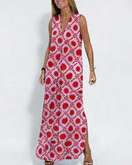Geometric Color Block Dress Regular Fit Sleeveless Tank Dress Split Neck Print Long Dress