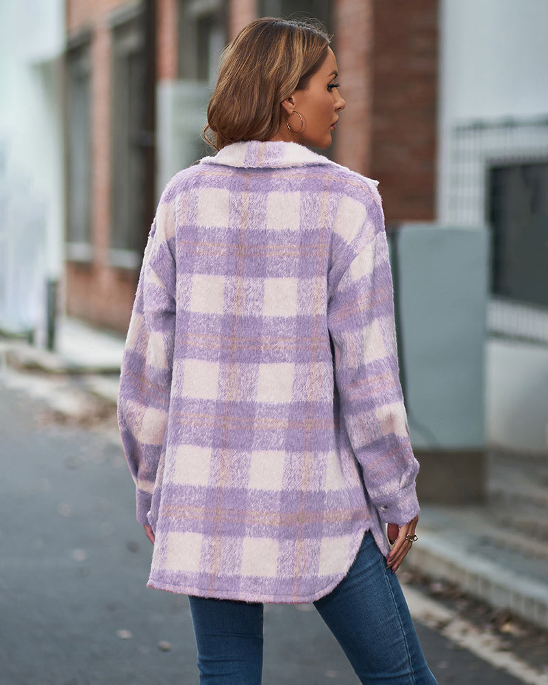 Plaid Fuzzy Longline Jacket with Pockets