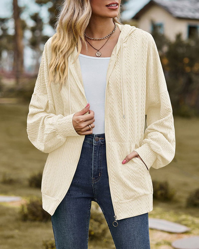 V-Neck Zipper Closure Solid Color Long Loose Hoodie Jacket