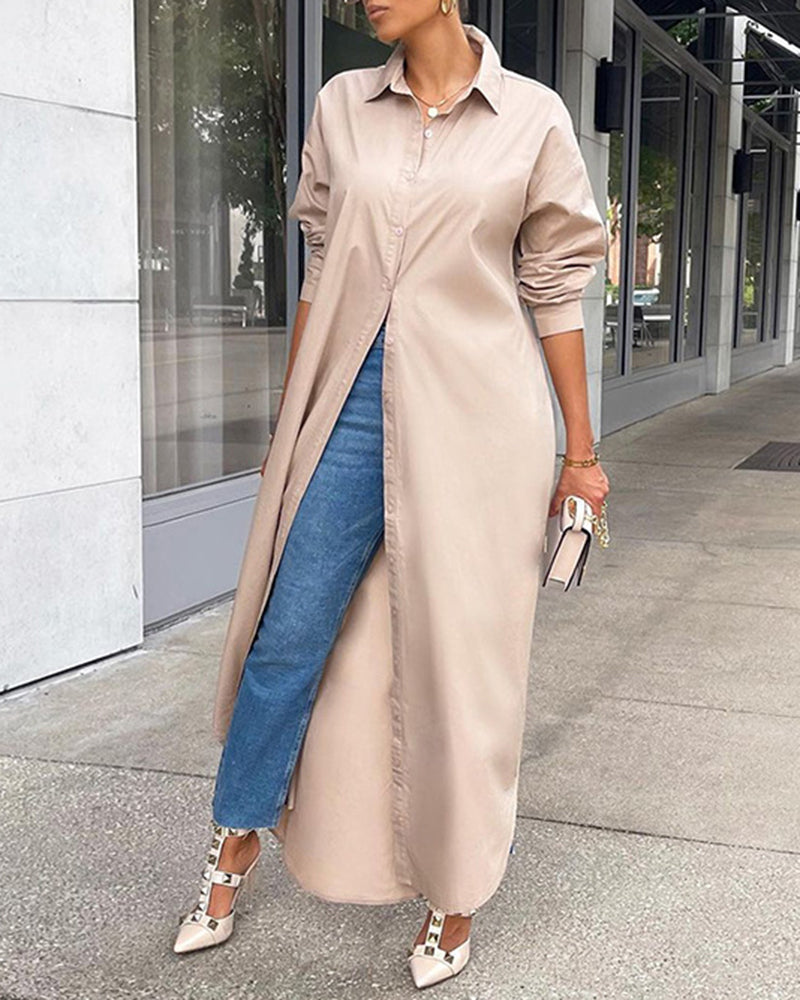 Button Down Maxi Shirts Dress Long Sleeve Collared V Neck Kaftan Loose Long Dress Coat