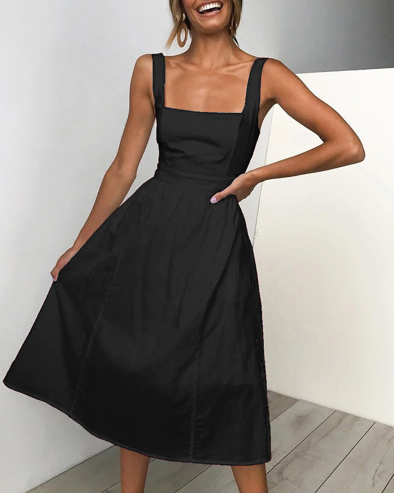 Square Neck Sleeveless Elastic Waist A-line Midi Dress