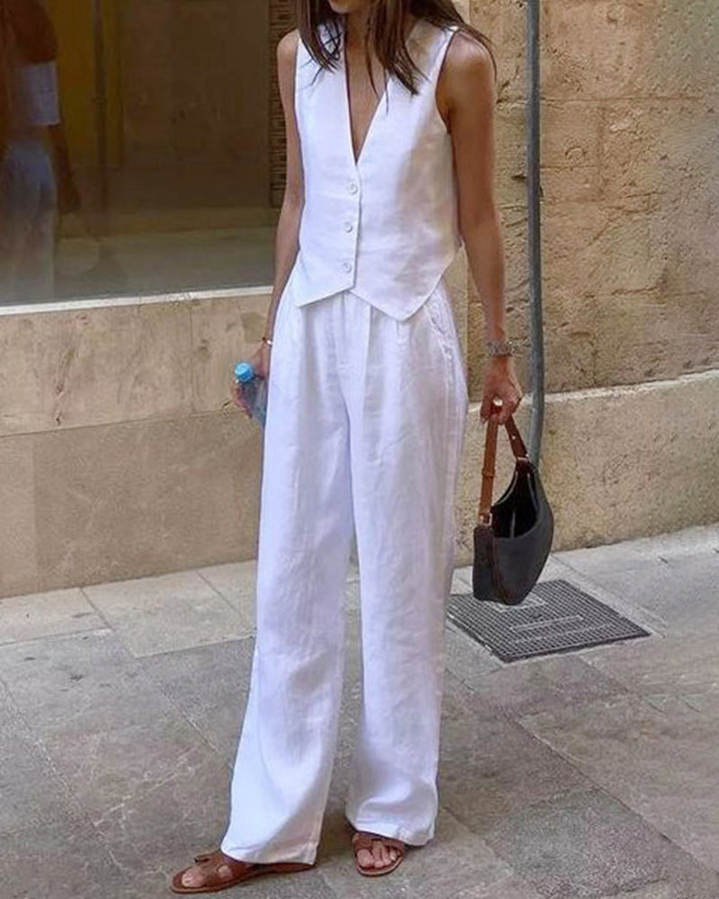 Classic Linen Vest and Wide Leg Pants Set