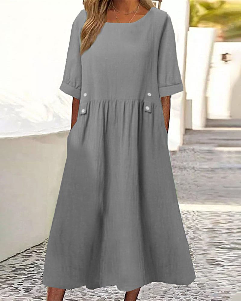 Casual Loose Round Neck Cotton Linen Long Dresses with Pockets