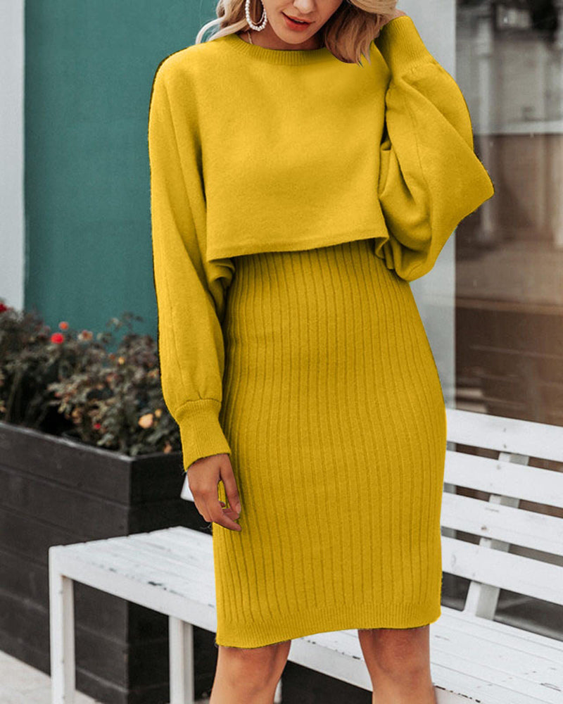 Women's Two Pieces Sets Long Sleeve Lazy Style Fashionable Sweater + Solid Knitted Skirt Dress