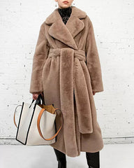 Women Warm Thick Coat With Belt Fax Fur  Long Coat