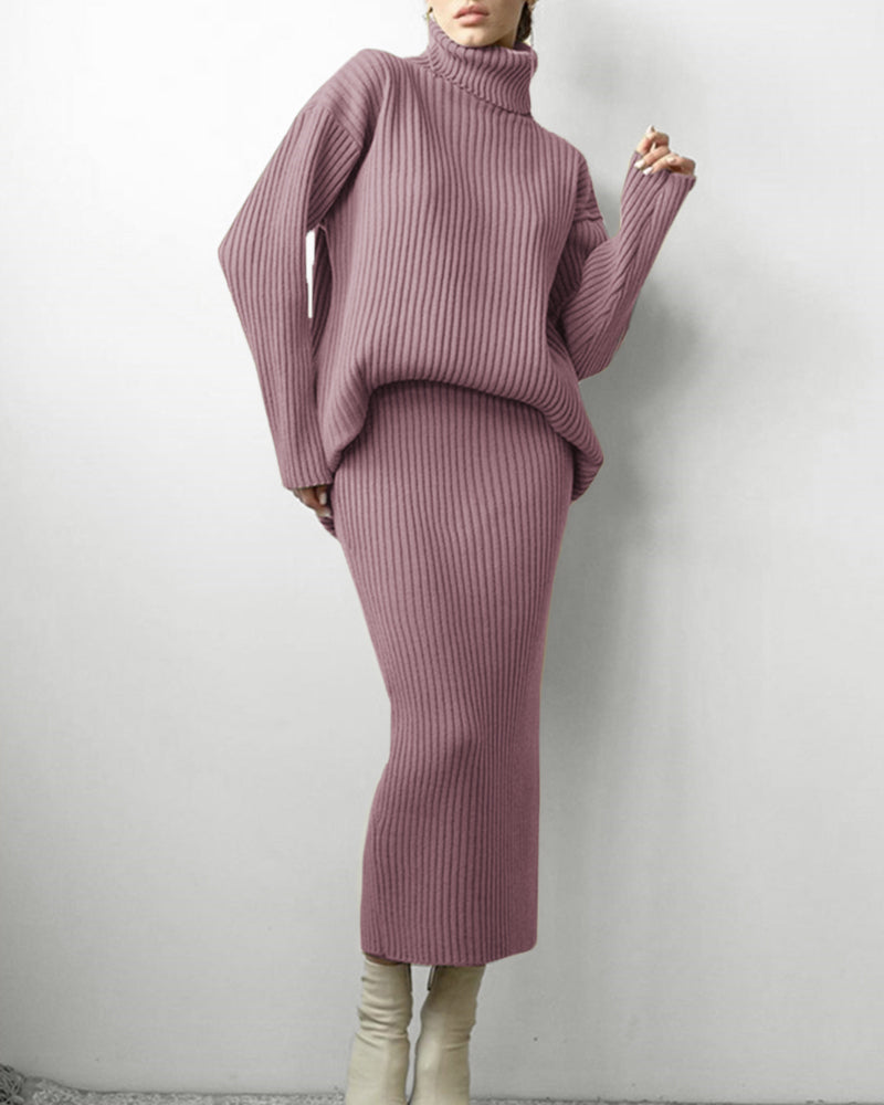 Casual Two Pieces Sets Turtleneck Sweater and Midi Skirt Suits