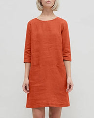 Half Sleeve Solid Color Round Neck Pocket Casual Dress