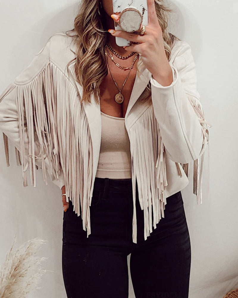 Slim Lapel Tassel Coats Soild Short Jackets Fringe Long Sleeve Party Cardigan