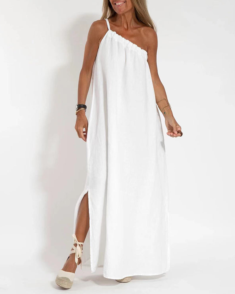 Sleeveless Asymmetrical Off-Shoulder Slit Dress