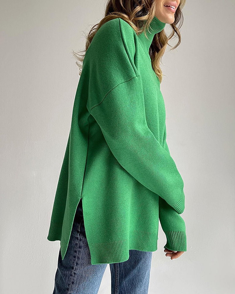 Turtleneck Loose Hem Slit Long Sleeve Knitted Pullover Sweater Tops