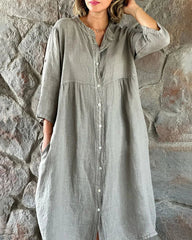 Single-breasted Button Long Dress Casual 3/4 Sleeve Solid Loose Shirt Dress