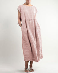 Casual Solid Linen Crew Neck Maxi Smock Dress Loose Baggy Ruffle Long Dresses with Pockets