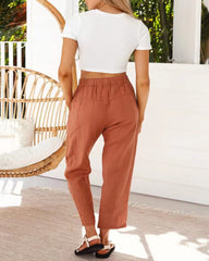 Solid Color Lace Up Pants Small Feet Cotton Linen Pants