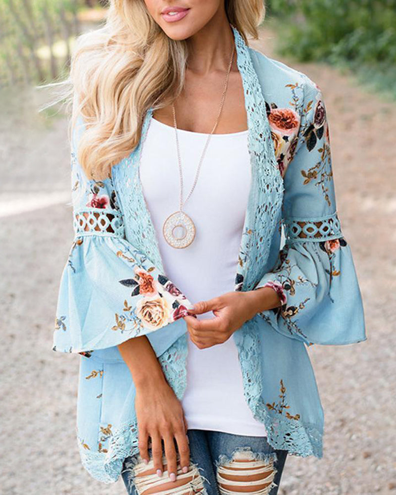 Flare Sleeve Floral Print Lace Blouse Cardigan