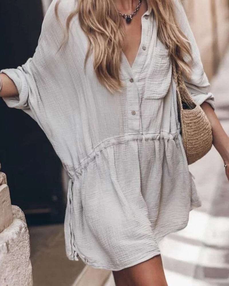 Solid Color Lapel Casual Fashion Loose Shirt Dresses