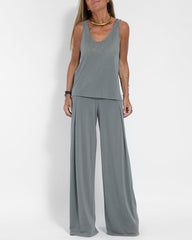 Casual Two Pieces Set Sleeveless V neck Vest Tops and Wide Leg Long Pants