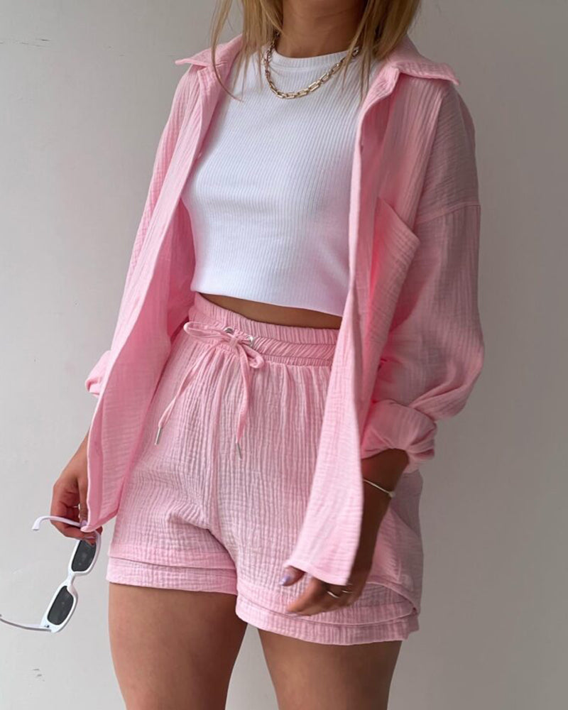 Solid Pocket Patched Drop Shoulder Blouse & Shorts Sets