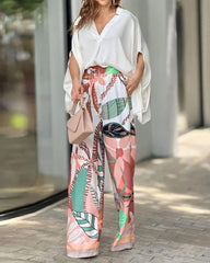 Two-piece Set V-Neck Batwing Sleeve Loose Top and Printed High-Waisted Wide Leg Pants Set