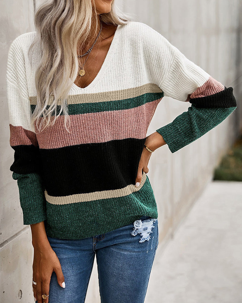 Striped Color Contrast Long Sleeve V-Neck Knit Sweater