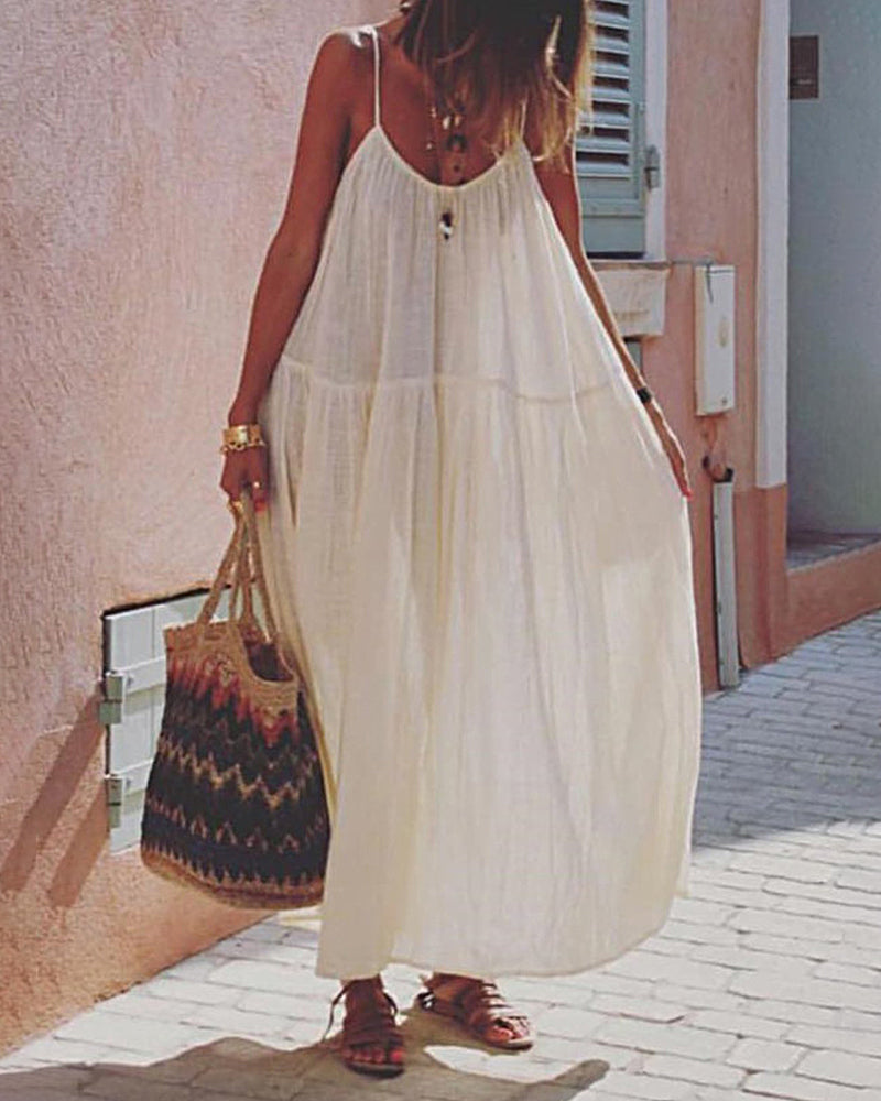 Casual Thin Beach Dress Solid Color Loose Spaghetti Strap Swing Dress