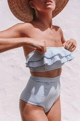 Blue White Striped High Waist Bikini Bottom