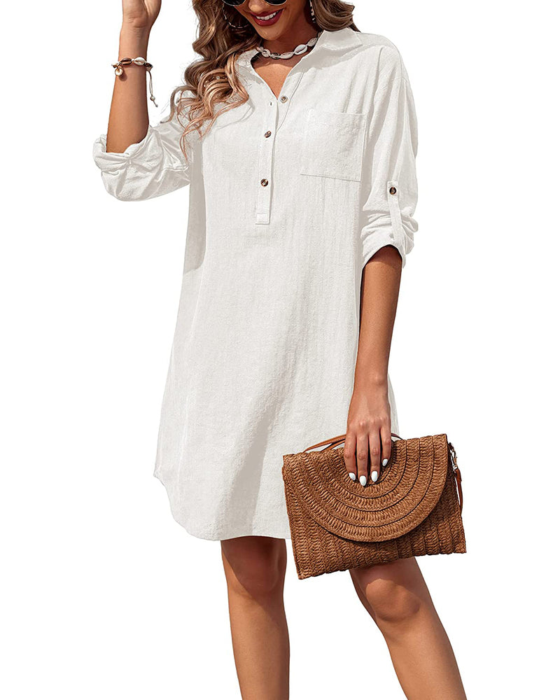 Zeagoo Women's Cotton Shirt Dress Button Down Roll-Up Sleeve Linen Henley Tunic Top Summer Beach Coverup (US Only)