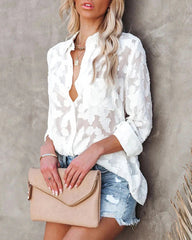 Chiffon Jacquard Lace Sheer Shirt V Neck Long Sleeve Button-Down Blouse Top