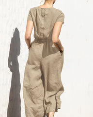 Solid Color Short Sleeve Round-neck Cotton Linen Wide Leg Jumpsuit