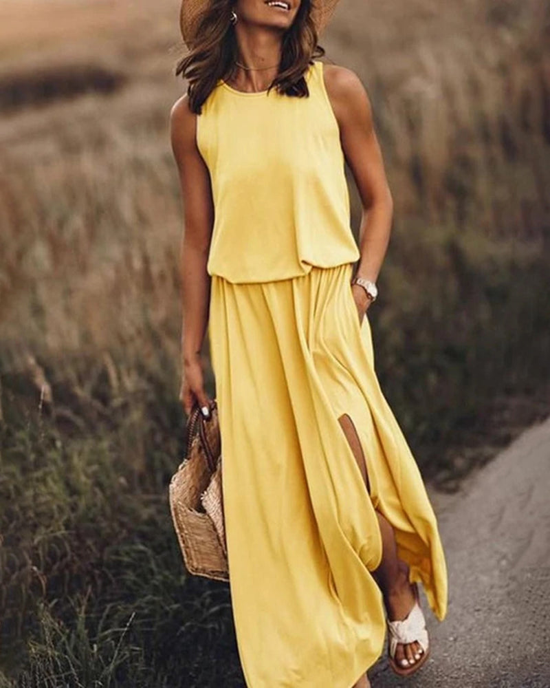 Crewneck Sleeveless Split Maxi Dress Casual Loose Sundress Long Flowy Beach Dress with Pockets