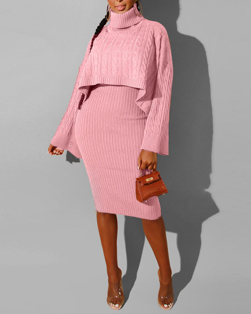 Women's Rib knit Sweater Skirt Two Piece Set Outifts Long Sleeve Turtleneck Sweaters and Tank Midi Dresses