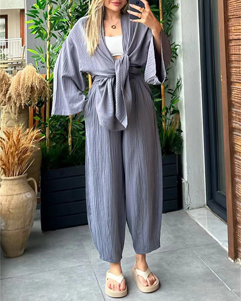 Casual Comfort Set Loose Cardigan Top & High-Waist Wide-Leg Pants with Pockets