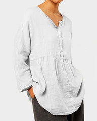 Plus Size Cotton and Linen Casual Loose V-neck Long-sleeved Shirt Top