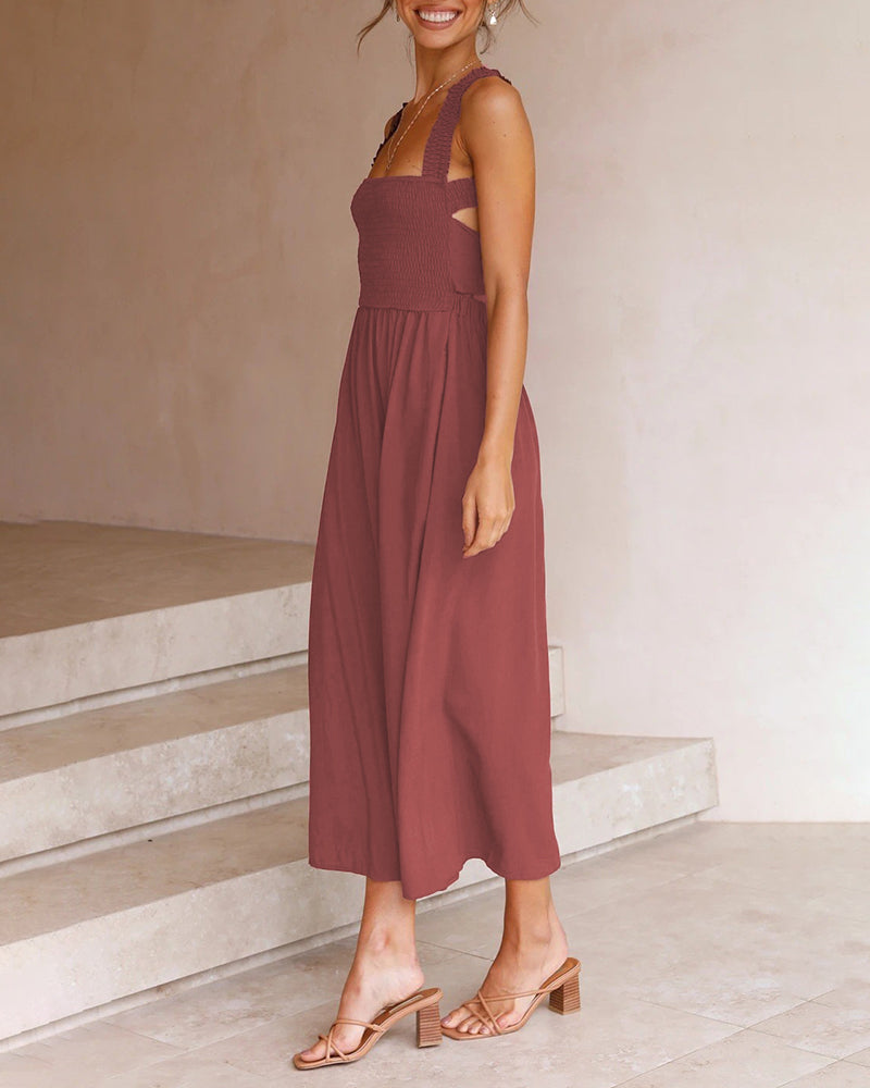 Elastic Waist Cross Straps Solid Casual Dress Sleeveless A-Line Summer Maxi Dress